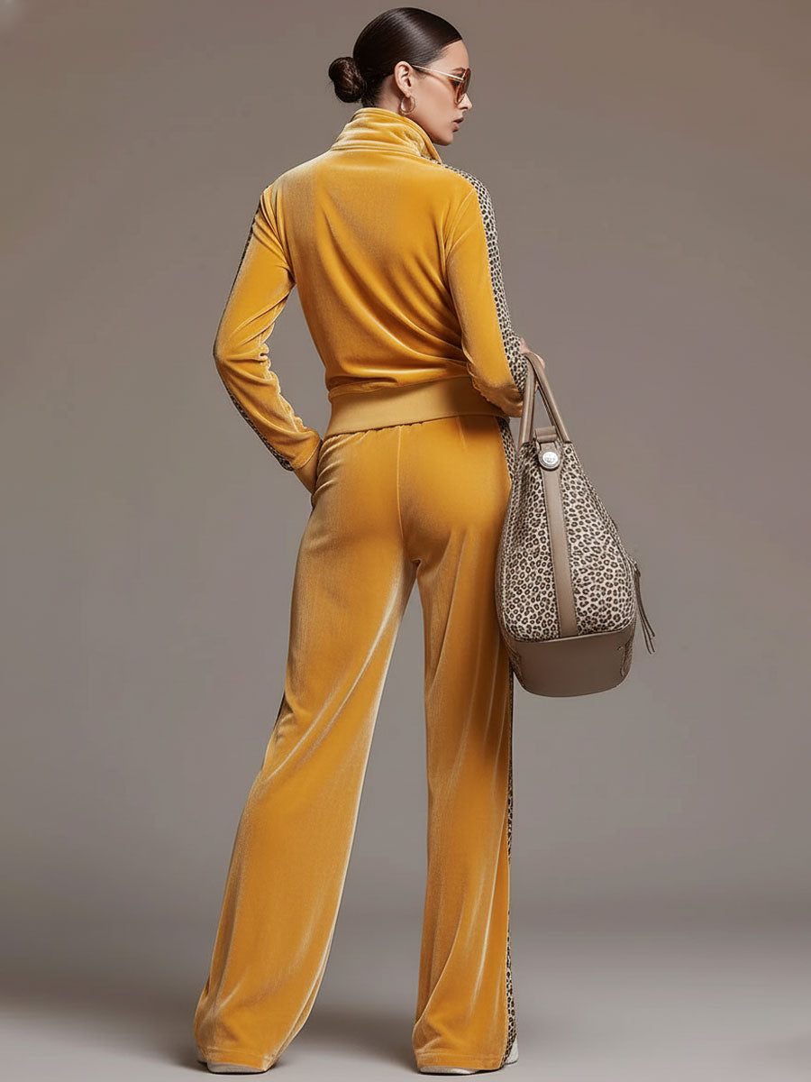 Casual Sporty Retro Leopard Print Trim Yellow Velvet Sweatshirt Wide-Leg Pants Set - By Qivii