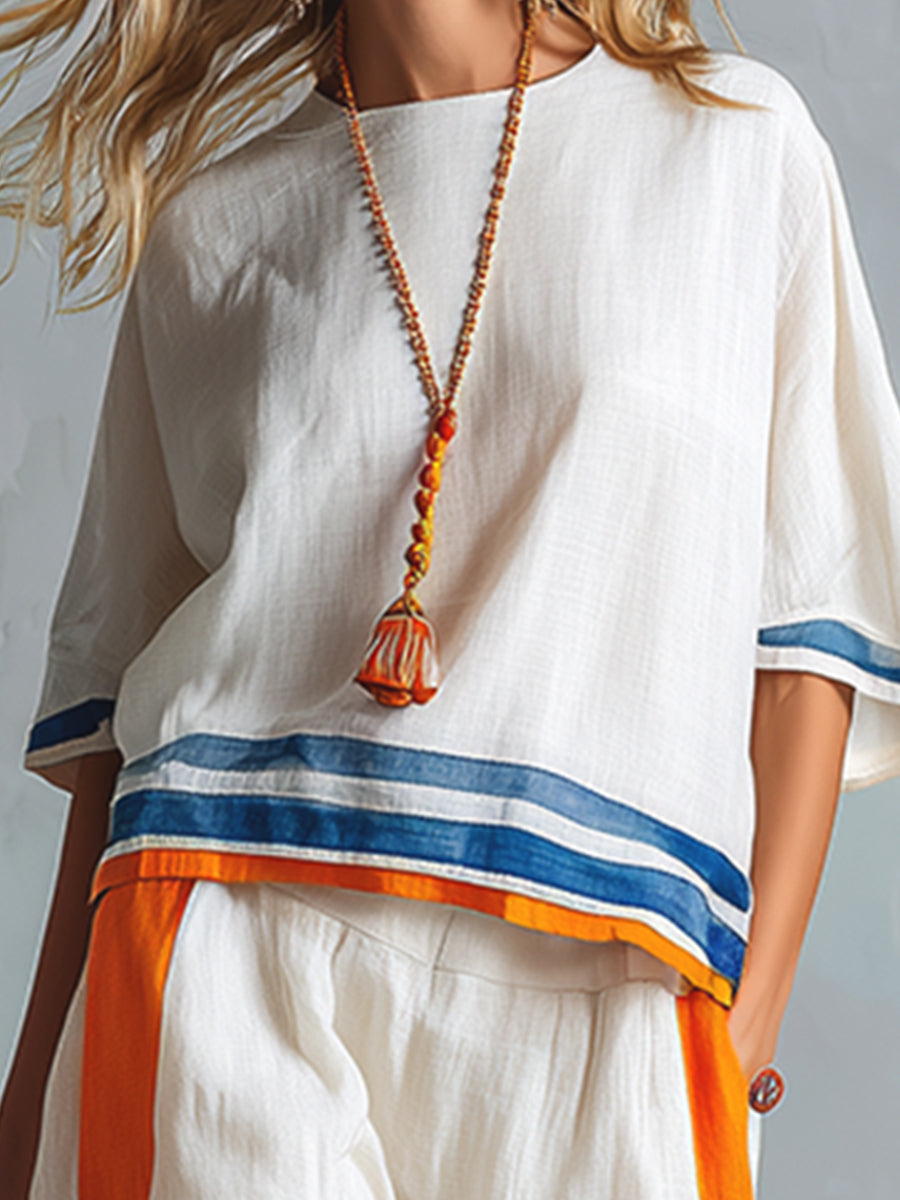 Casual Urban Style Contrast-Trimmed White T-Shirt & Wide-Leg Pants Cotton-Linen Set - By Qivii