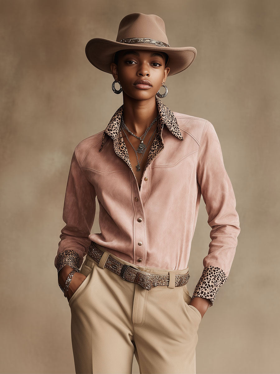 Western Retro Leopard Print Pink Faux Suede Long-Sleeve Shirt - By Qivii