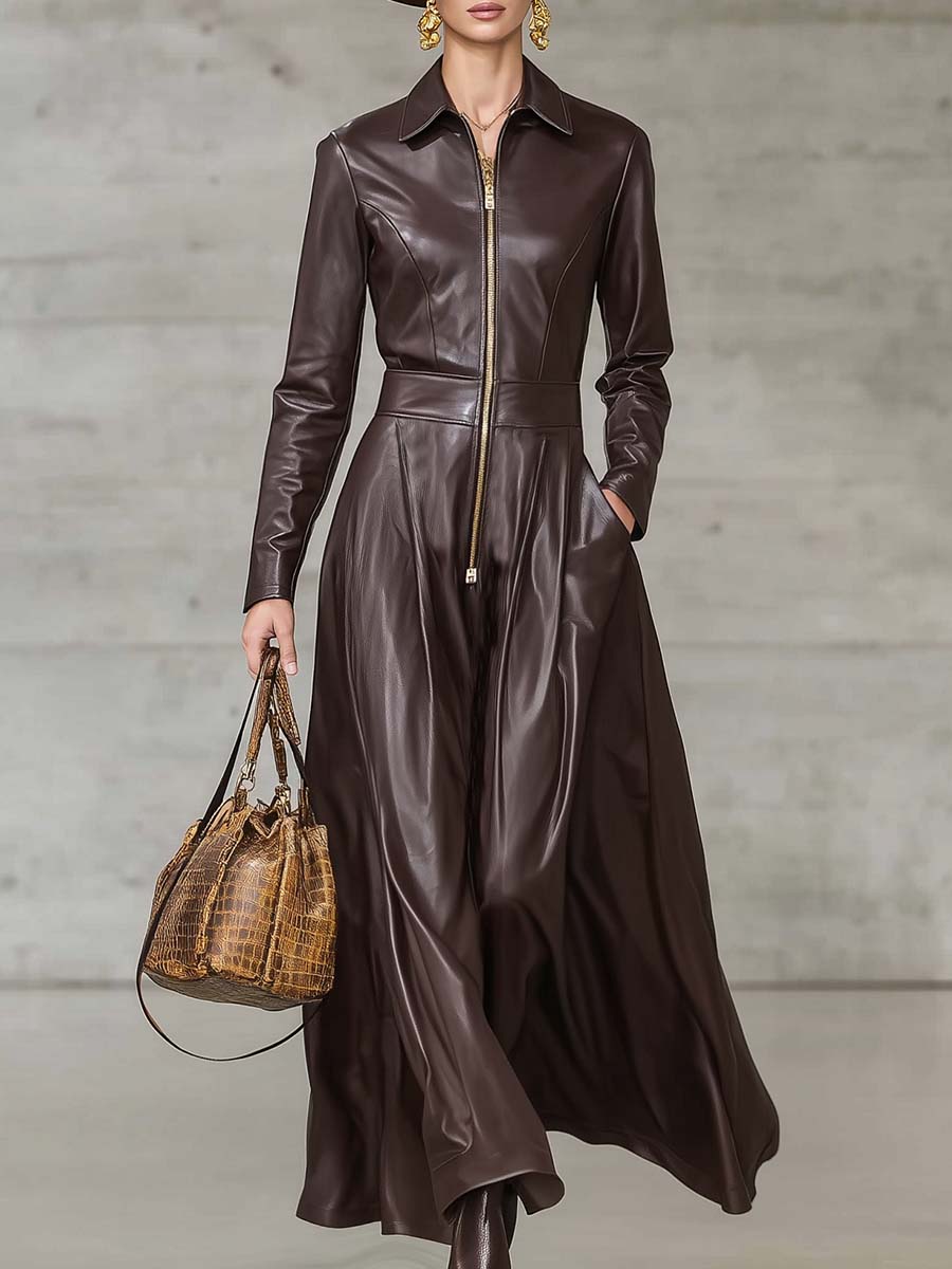 Exquisite Temperament Front Zipper Long Sleeve High-quality Brown Leather Maxi Dress - By Qivii