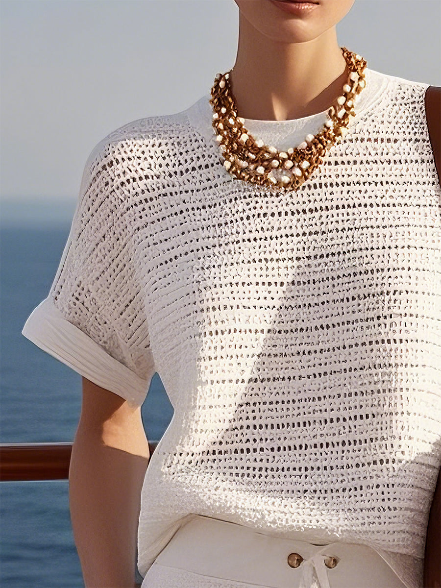 Casual Fashionable Holiday Style Hollow Knitted White Short-Sleeved Shorts Suit - By Qivii