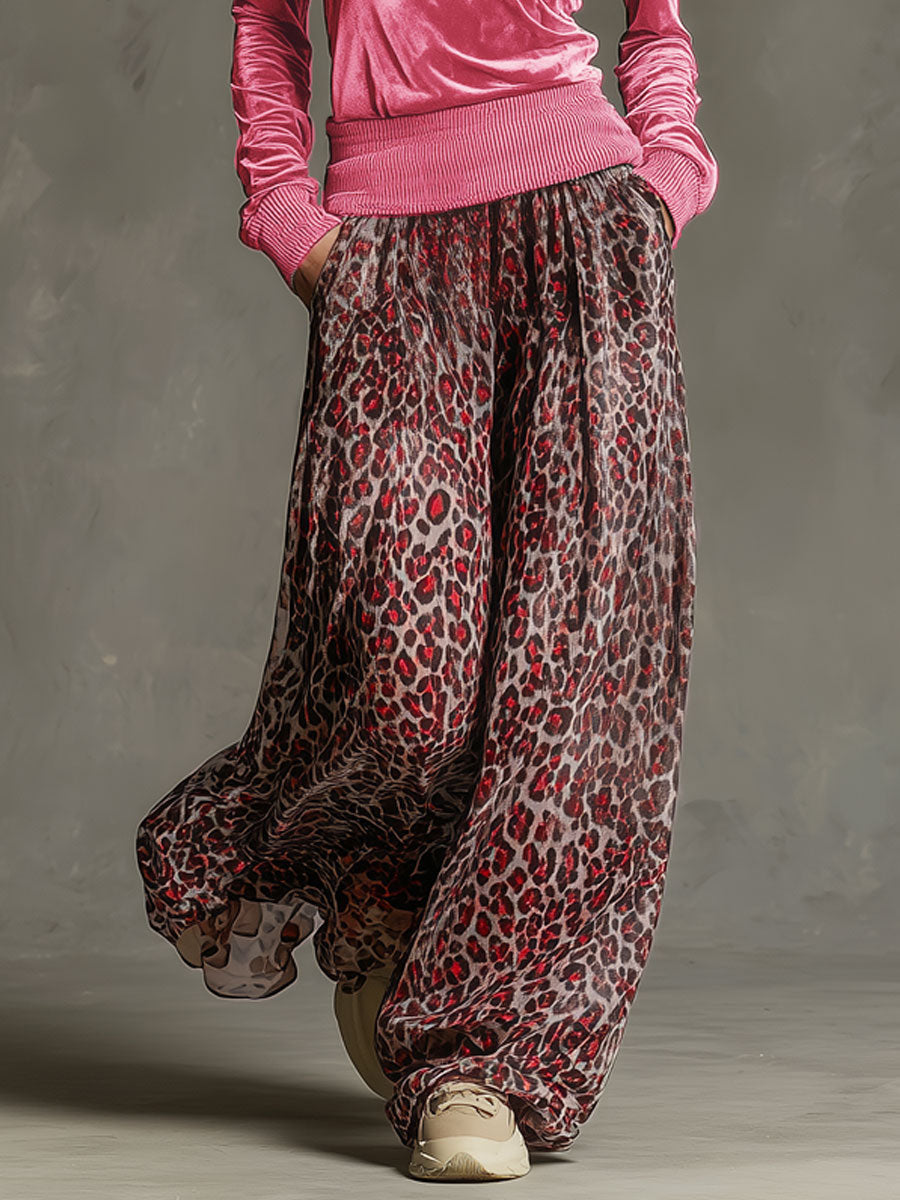 Retro Leopard Print Chiffon Pants - By Qivii