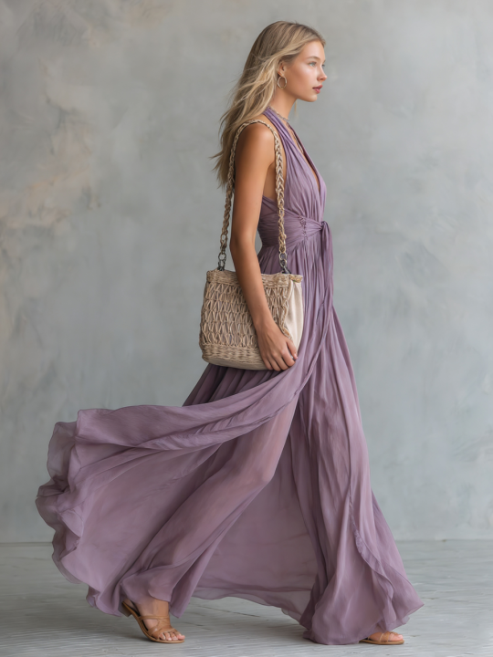 Elegant And Stylish Halter Neck V-neck Sleeveless Chiffon Maxi Dress - By Qivii