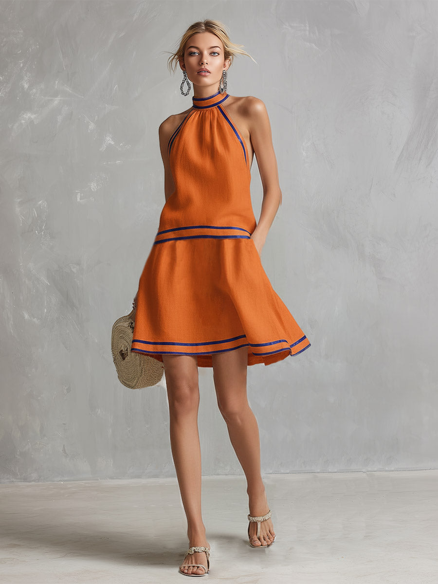 Elegant Color-Block Trim Orange Cotton-Linen Halter Sleeveless Mini Dress - By Qivii
