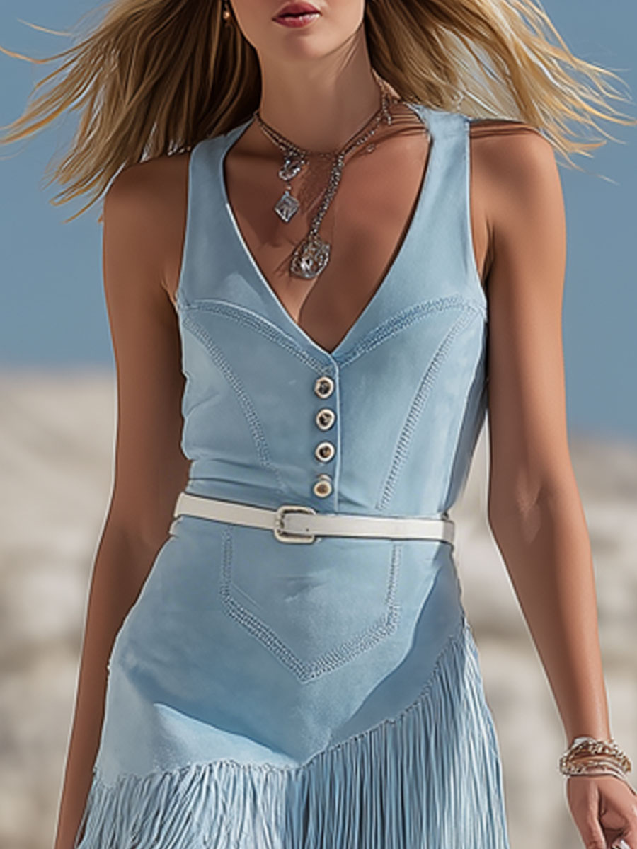 Western Bohemian Tassel Light Blue Faux Suede Sleeveless Mini Dress - By Qivii