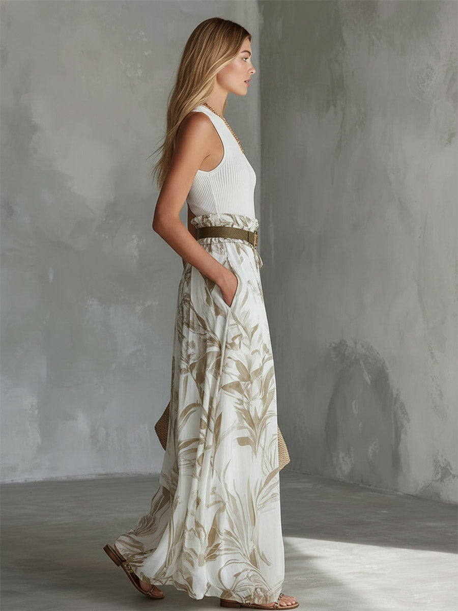 Elegant White Printed Chiffon Wide-Leg Pants - By Qivii