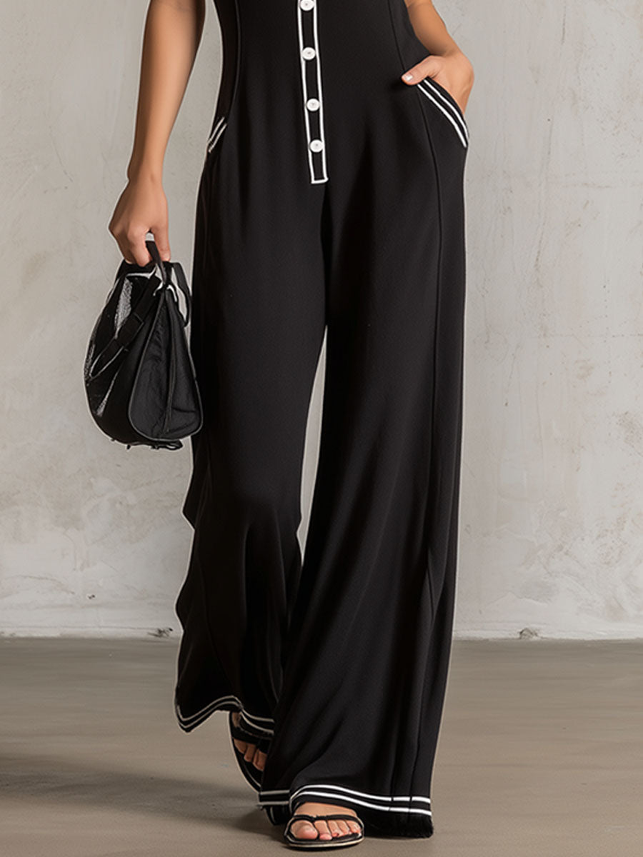 Color-blocked V-neck Button-down Double-pocket Sleeveless Jumpsuit - By Qivii