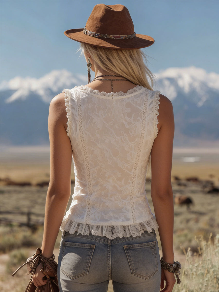 Elegant Lace Half-zip Sleeveless Tank Top - By Qivii