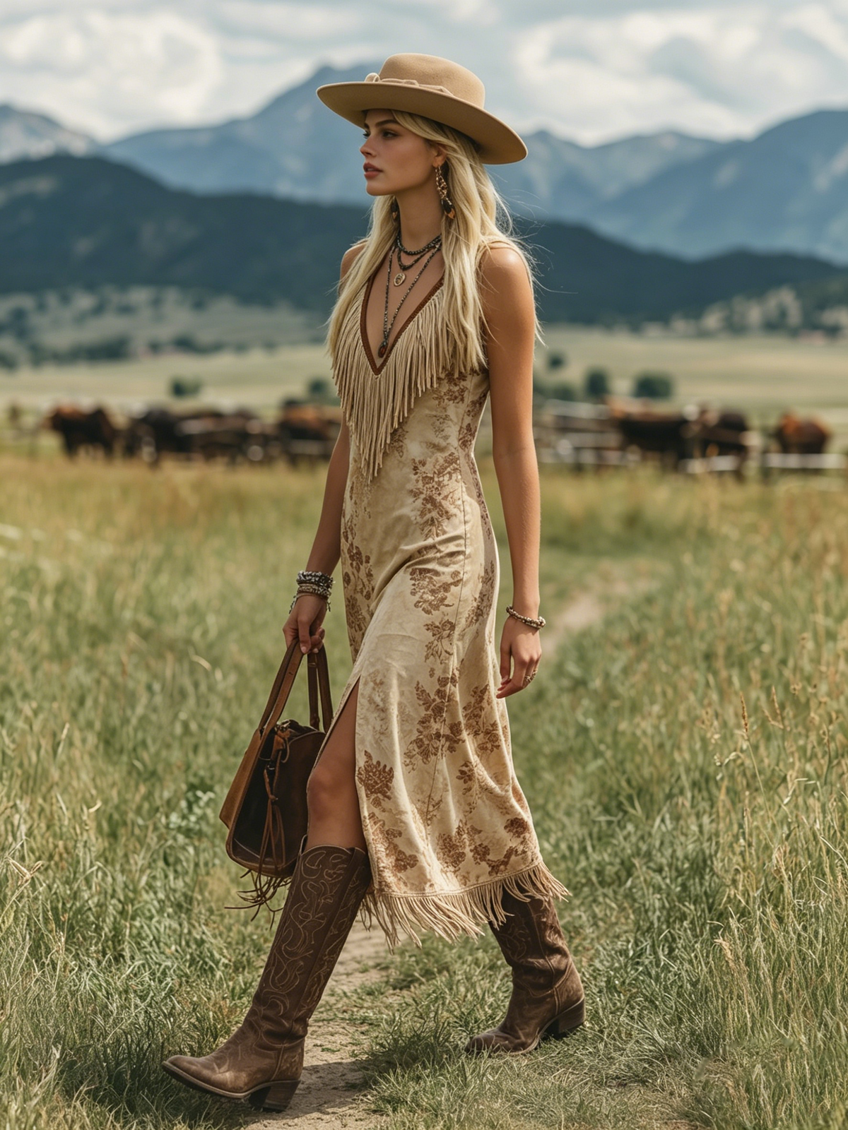 Bohemian V-Neck Fringe Sleeveless Printed Faux Suede Midi Dress - By Qivii
