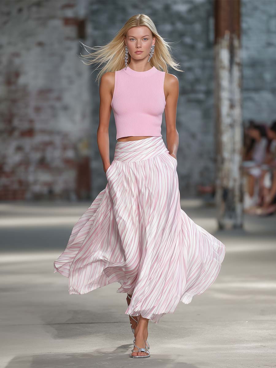 Elegant Retro Flowy Pink Knit Top And Striped Chiffon Skirt Set - By Qivii