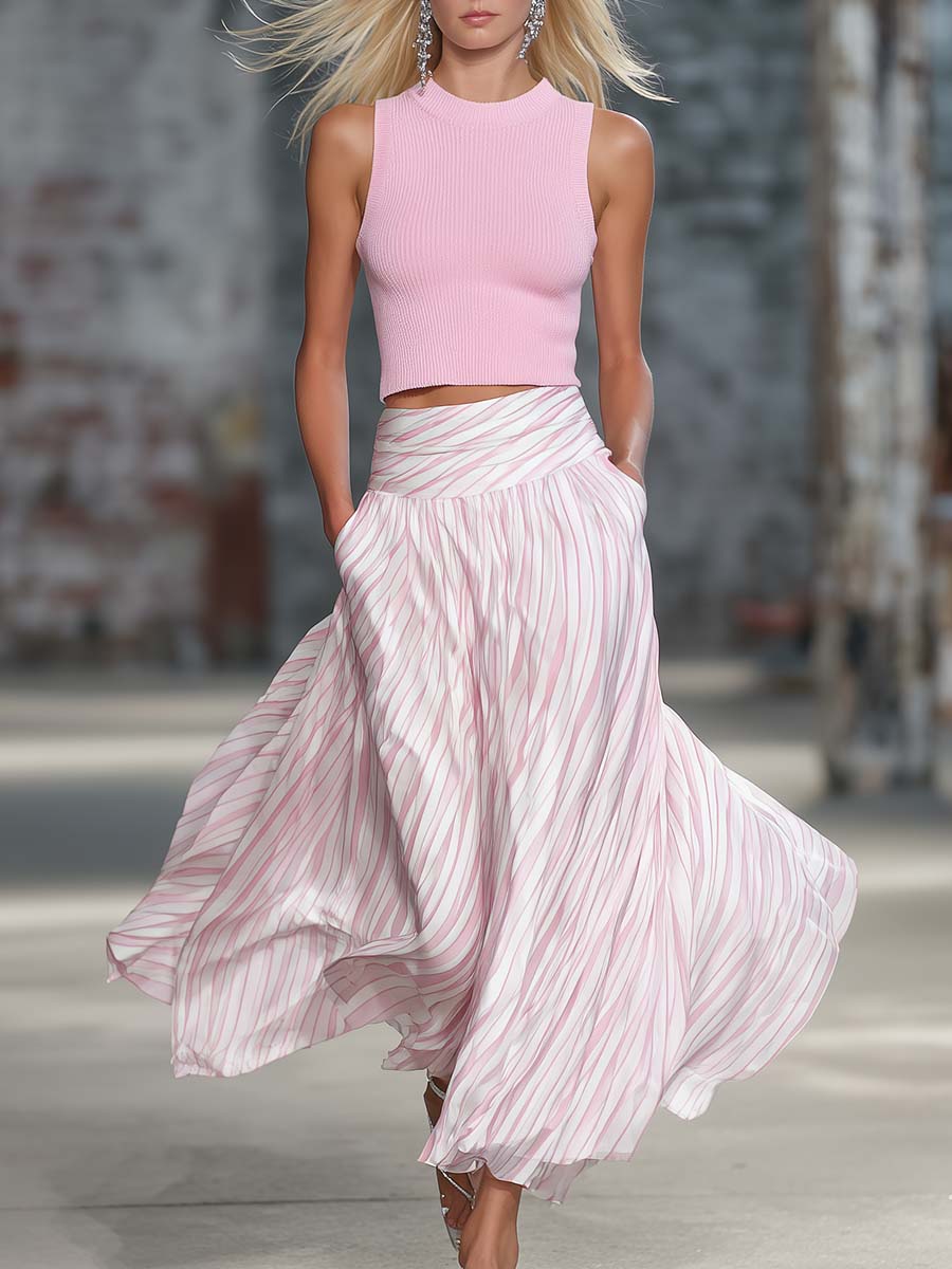 Elegant Retro Flowy Pink Knit Top And Striped Chiffon Skirt Set - By Qivii