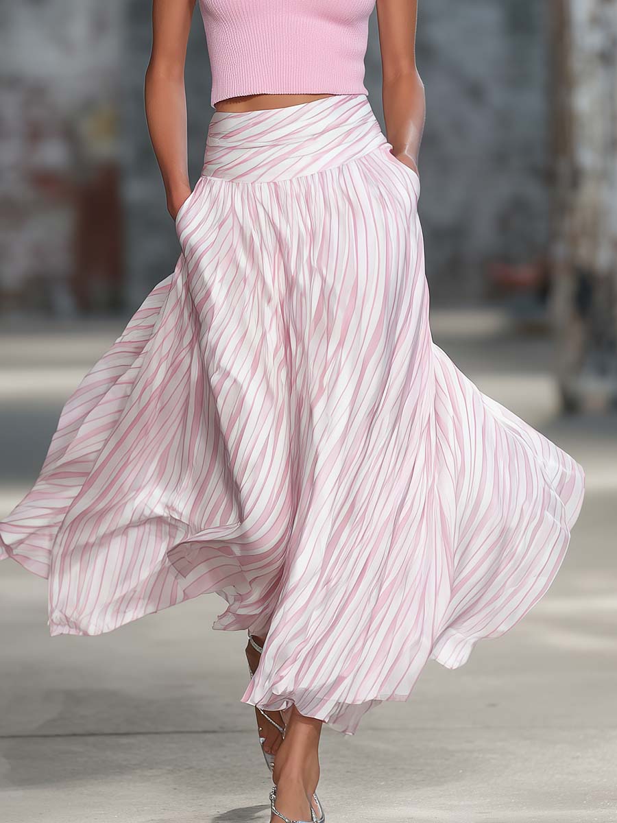 Elegant Retro Flowy Pink Knit Top And Striped Chiffon Skirt Set - By Qivii