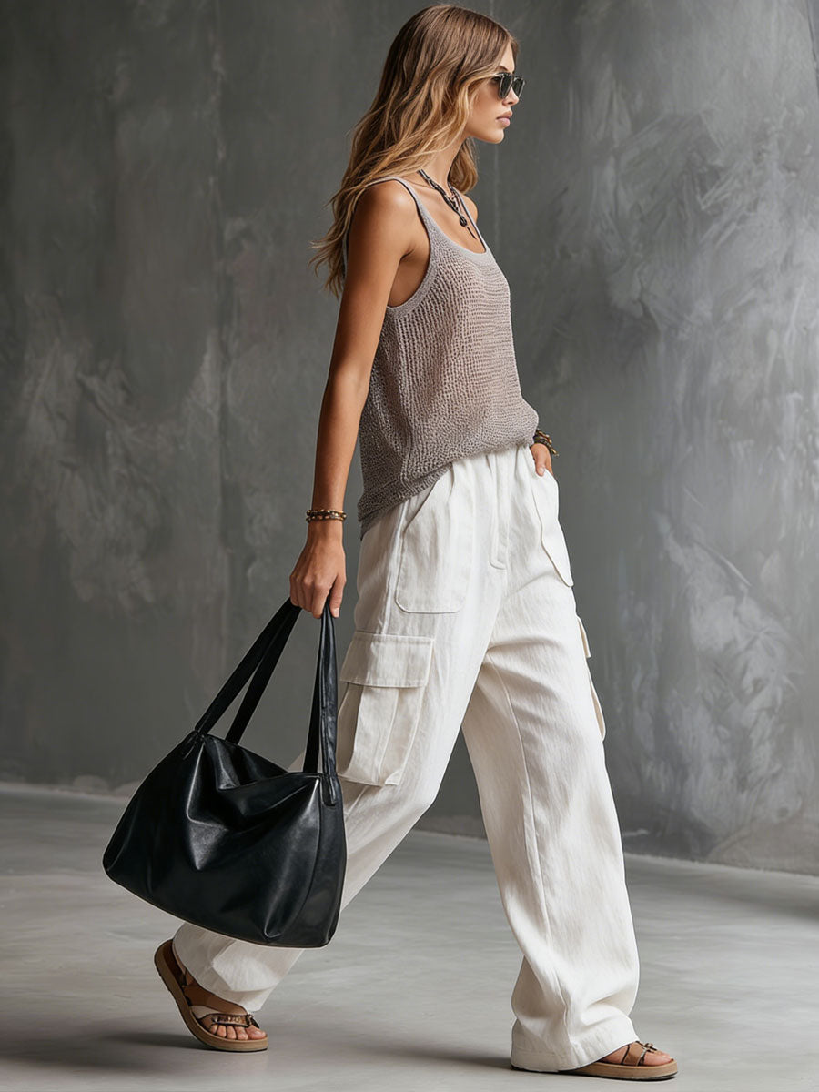 Casual Retro White Cotton And Linen Cargo Pants - By Qivii