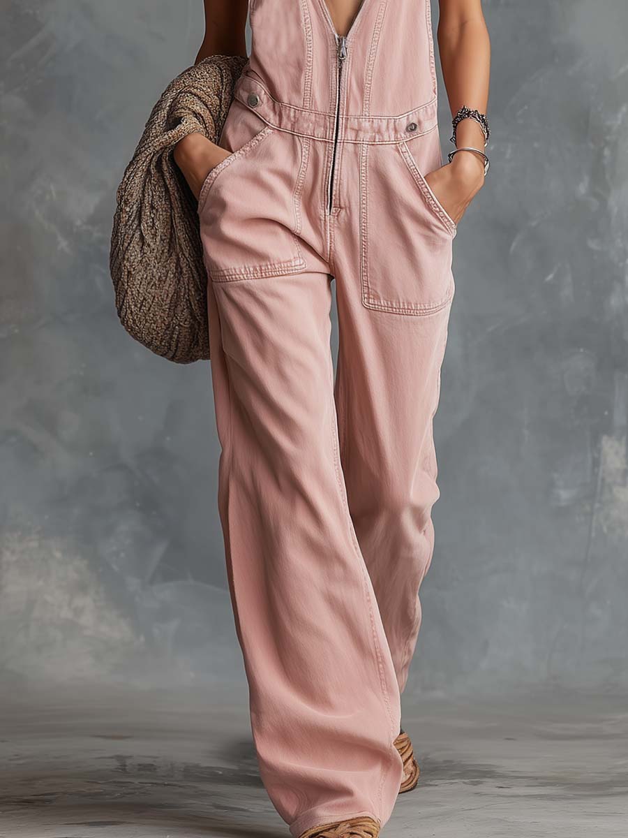 Retro Casual Western V-Neck Front-Zip Light Pink Denim Overalls Jumpsuit - By Qivii