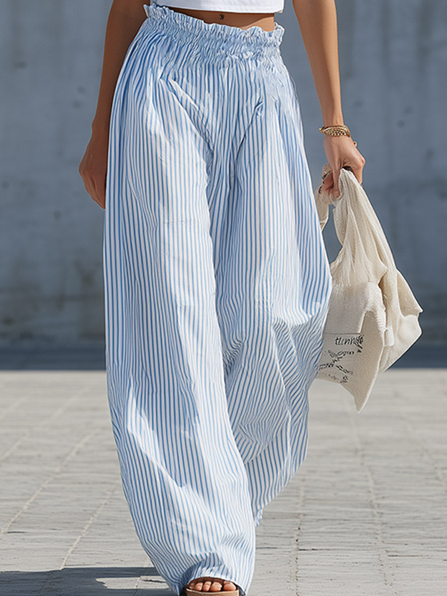 Stylish Casual White Cotton Tank Top And Blue Striped Pants Set - By Qivii