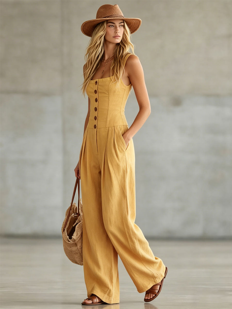Retro-style Wide-strap Single-breasted Cotton-linen Sleeveless Jumpsuit - By Qivii