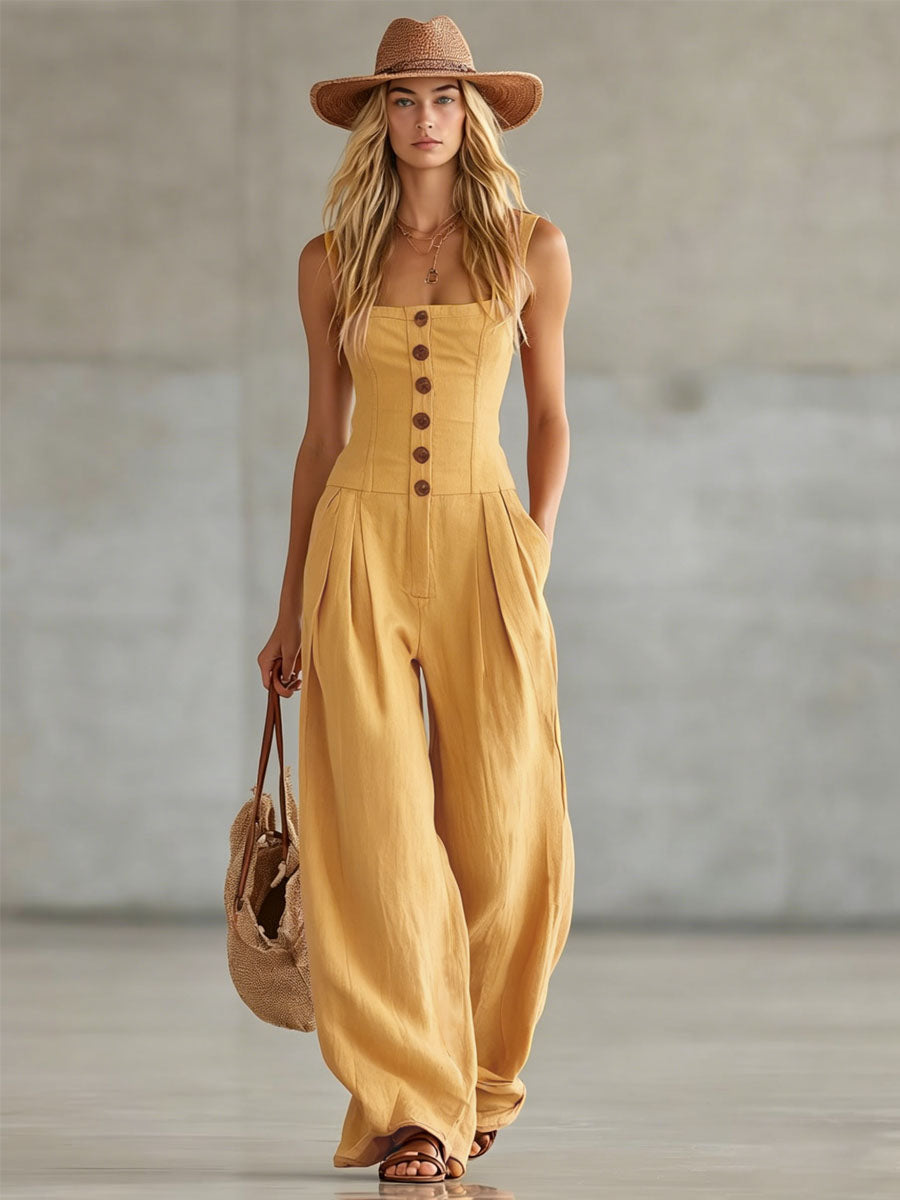Retro-style Wide-strap Single-breasted Cotton-linen Sleeveless Jumpsuit - By Qivii