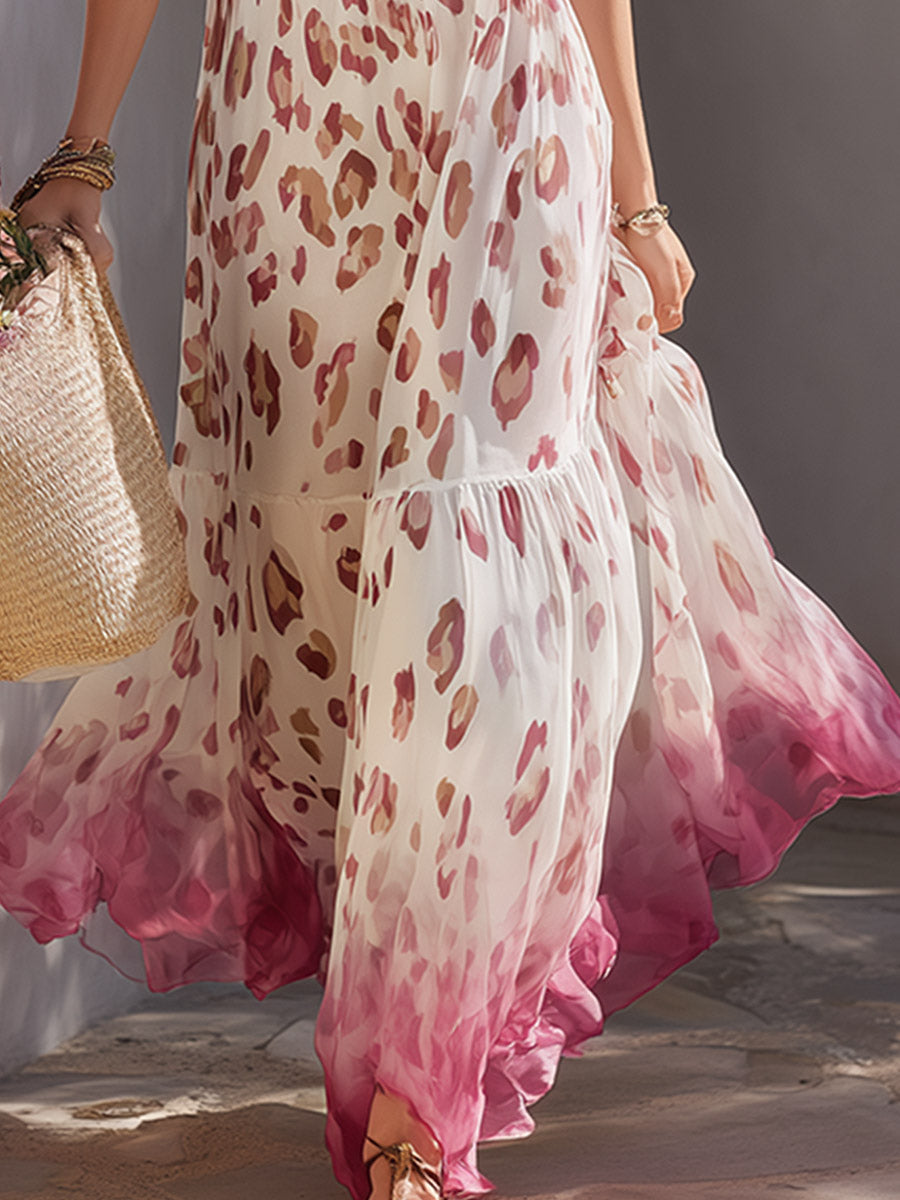 Elegant Retro White Gradient Leopard Print Chiffon Spaghetti-Strap Maxi Dress - By Qivii