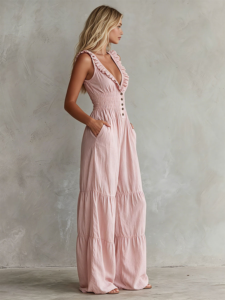 Casual Retro Ruffled Pink Sleeveless V-neck Button Cotton And Linen Jumpsuit - By Qivii
