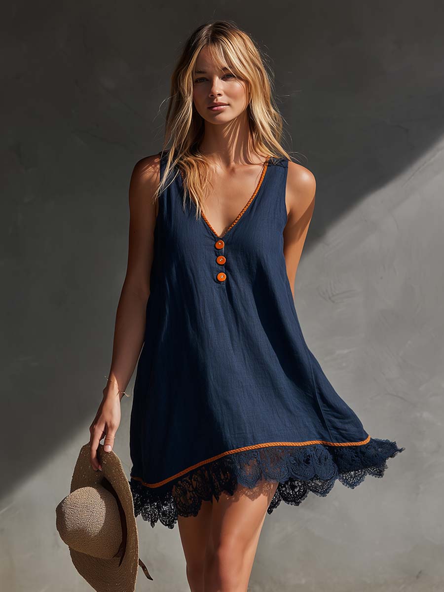 Casual Vacation V-Neck Front Buttons Lace Hem Dark Blue Cotton-Linen Mini Dress - By Qivii