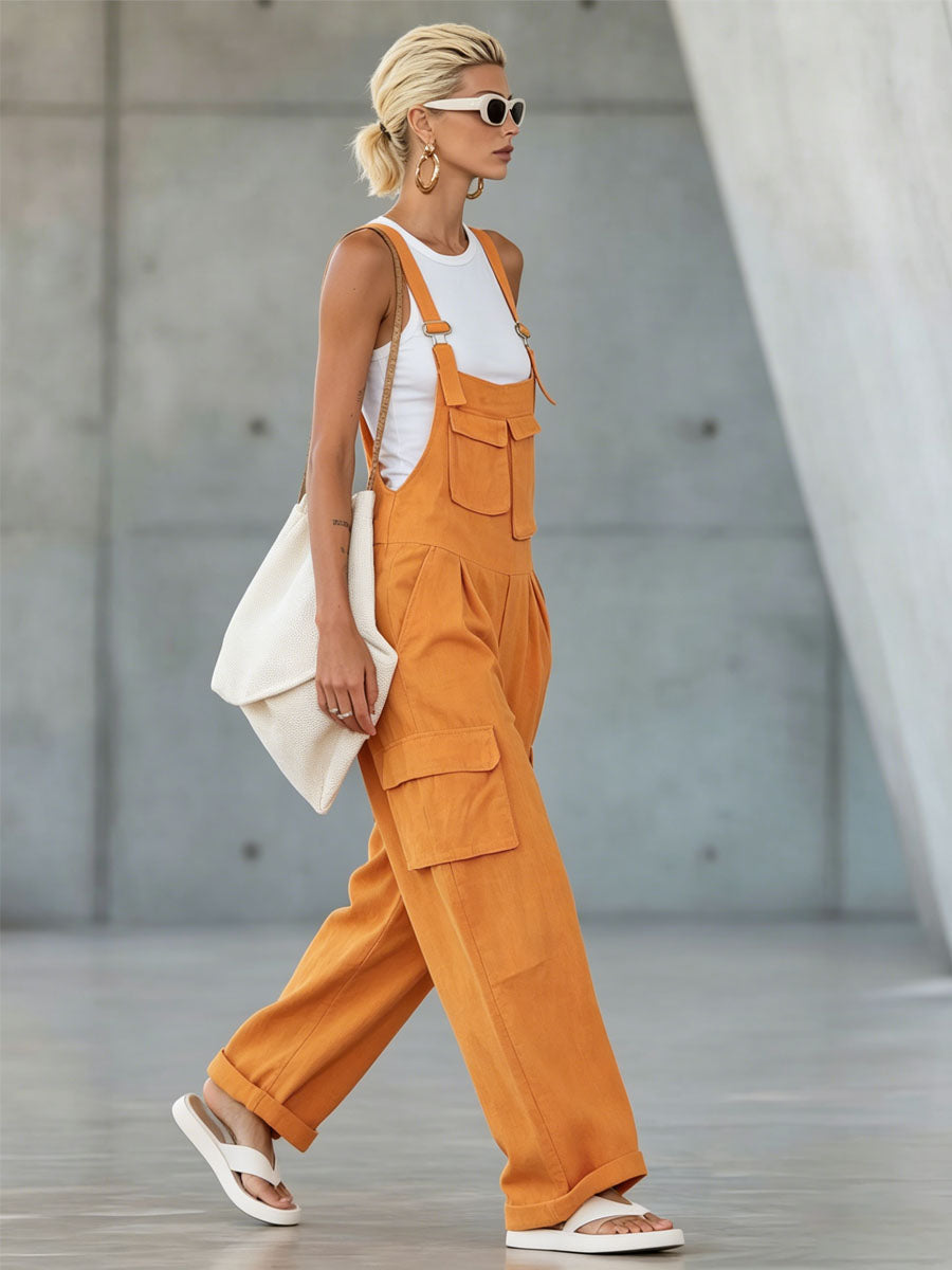 Orange Cotton-linen Multi-pocket Wide-leg Overalls - By Qivii