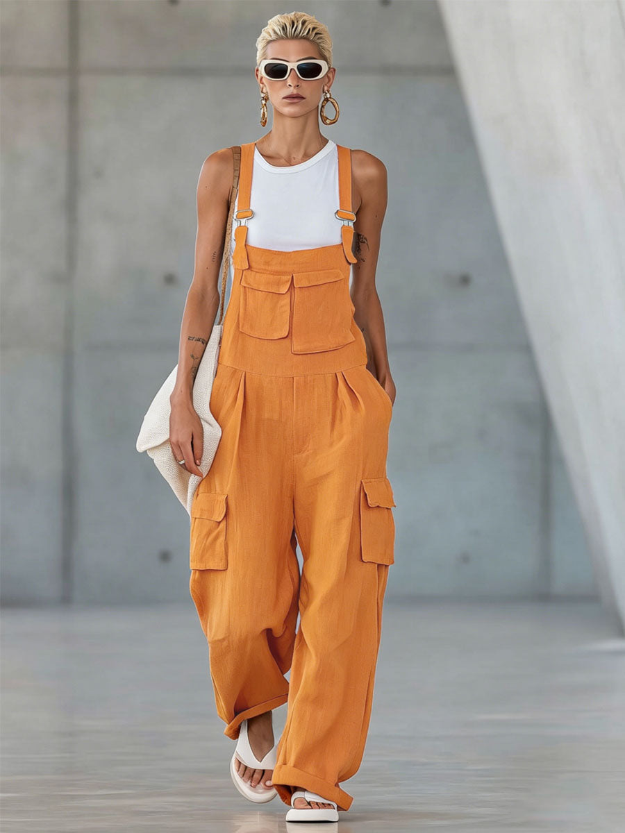 Orange Cotton-linen Multi-pocket Wide-leg Overalls - By Qivii