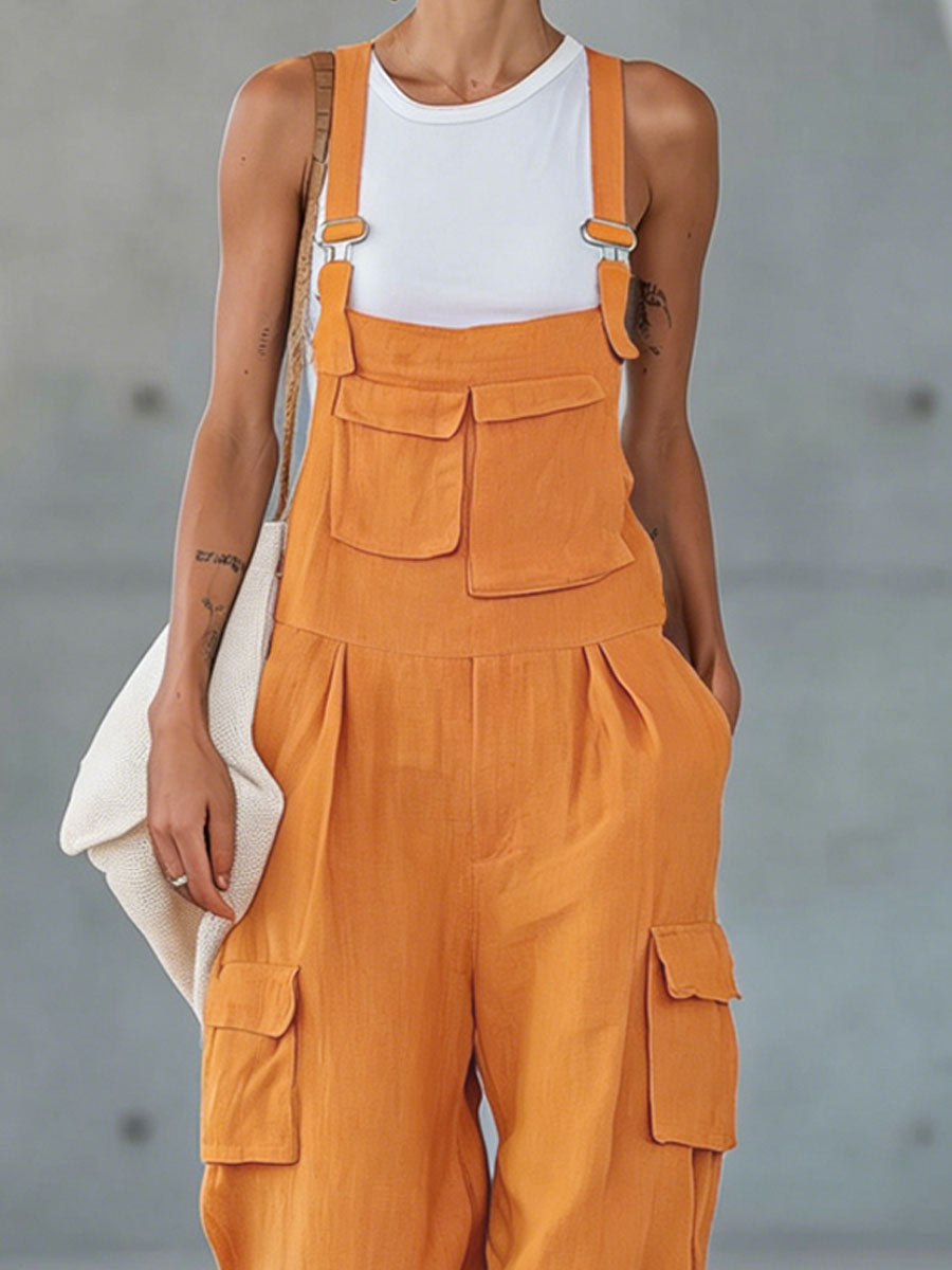 Orange Cotton-linen Multi-pocket Wide-leg Overalls - By Qivii