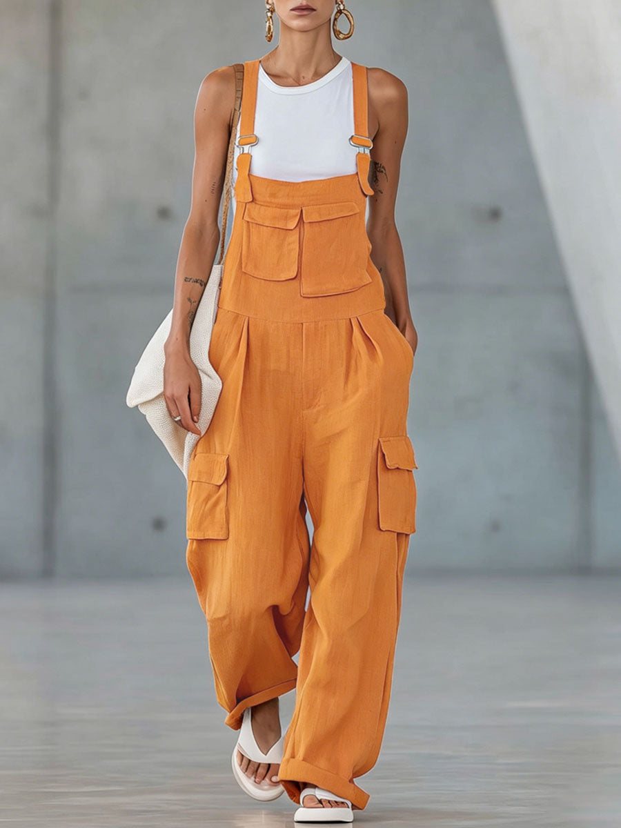 Orange Cotton-linen Multi-pocket Wide-leg Overalls - By Qivii