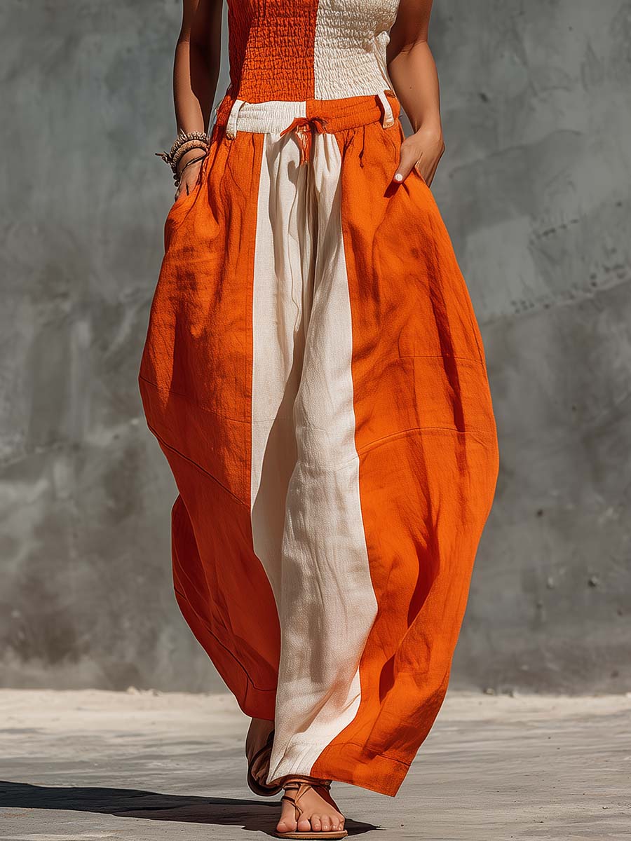 Casual Fashion Strapless Orange And Off-White Contrast Cotton-Linen Jumpsuit - By Qivii