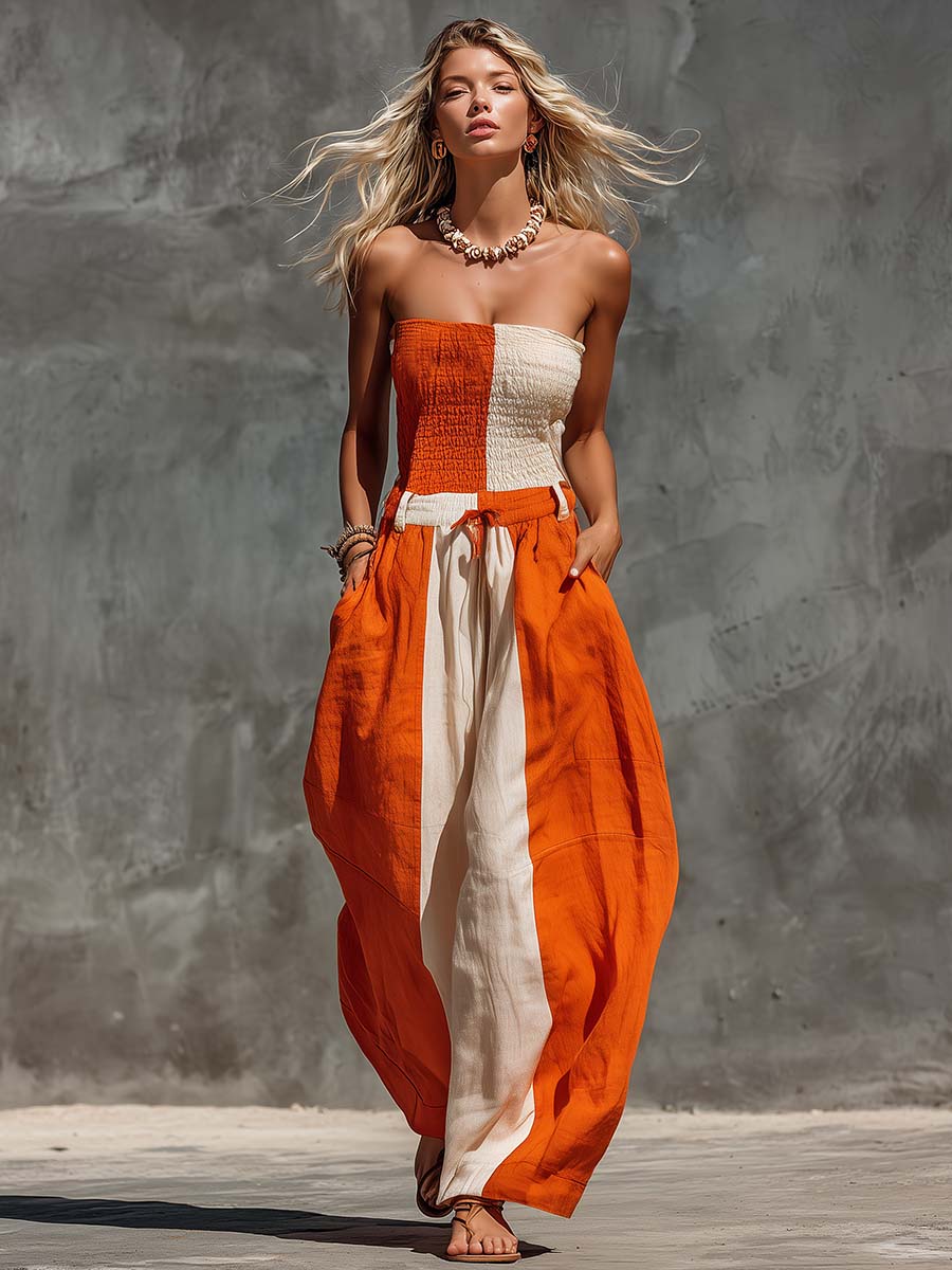 Casual Fashion Strapless Orange And Off-White Contrast Cotton-Linen Jumpsuit - By Qivii