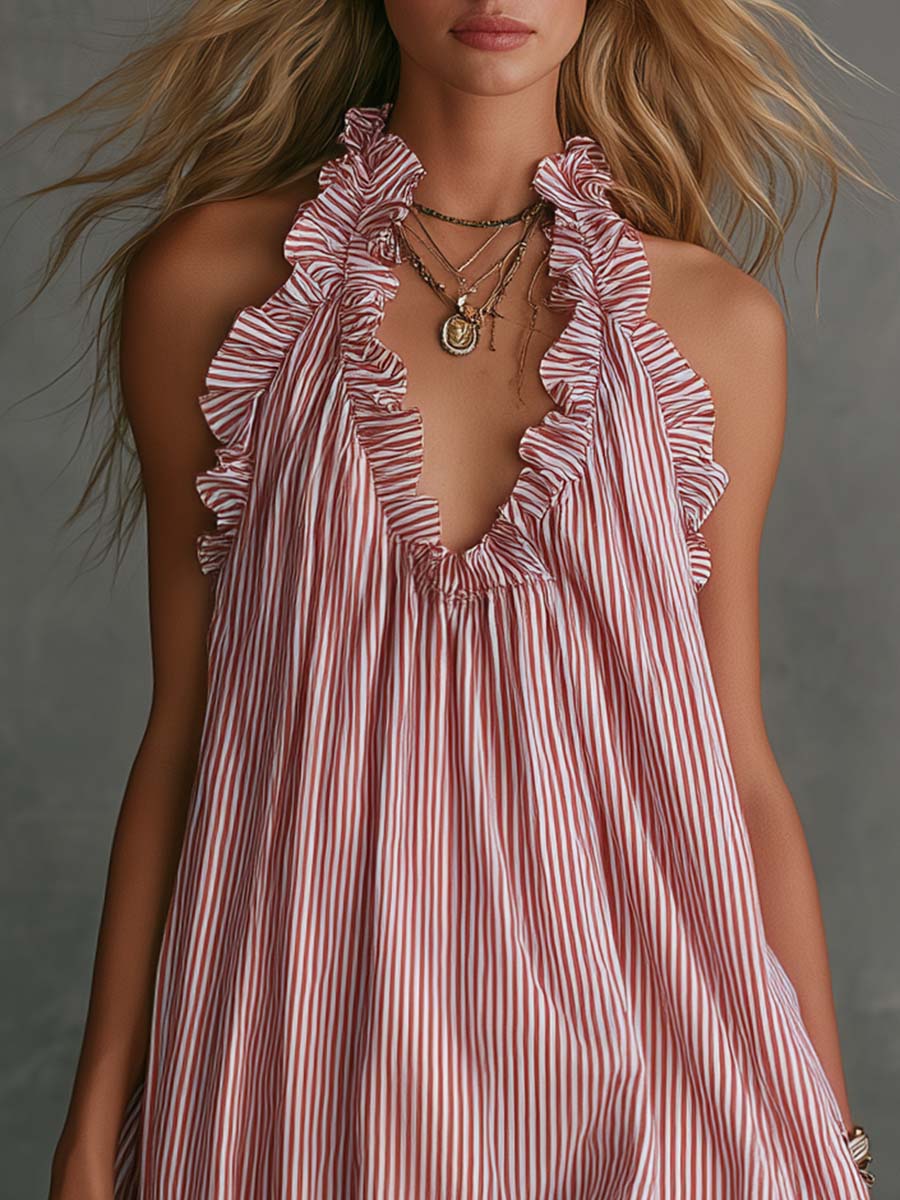 Retro Casual Fashion Ruffled V-Neck Striped Mini Dress - By Qivii