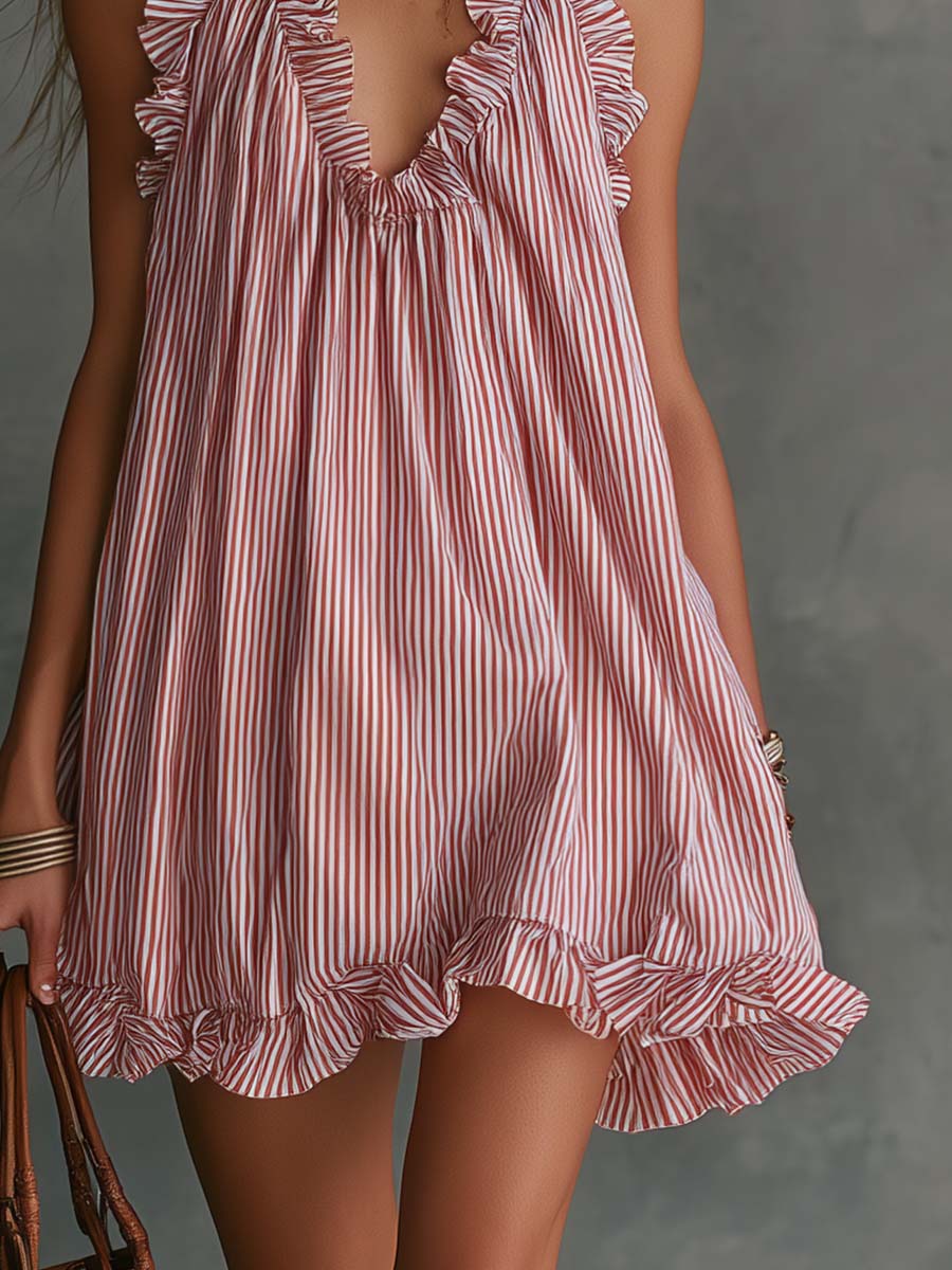 Retro Casual Fashion Ruffled V-Neck Striped Mini Dress - By Qivii