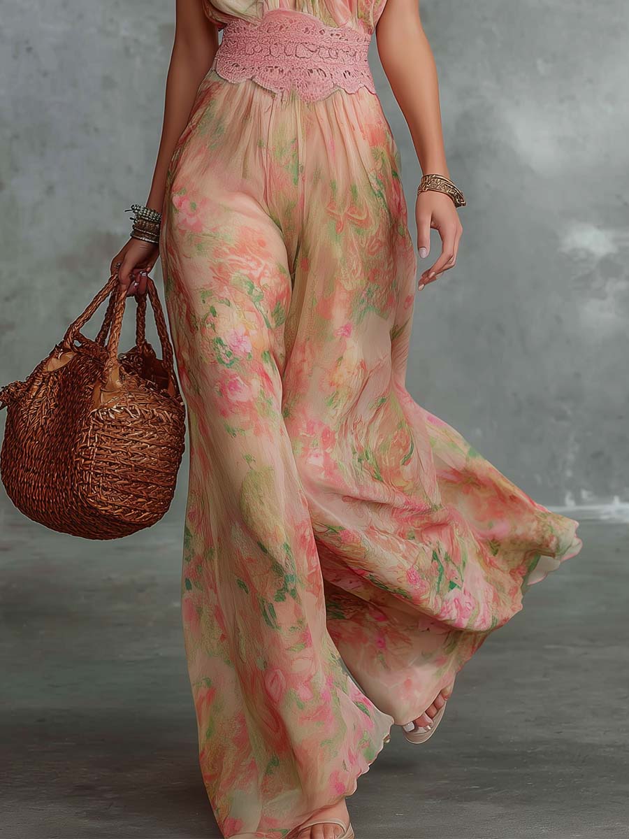 Retro Flowy V-Neck Oil-Painting Floral Print Chiffon Jumpsuit - By Qivii