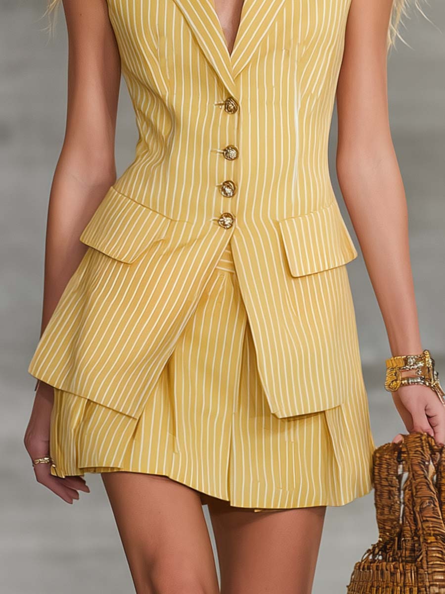 Exquisite Fashion Vacation Yellow Striped Tank Top And Skirt Set - By Qivii
