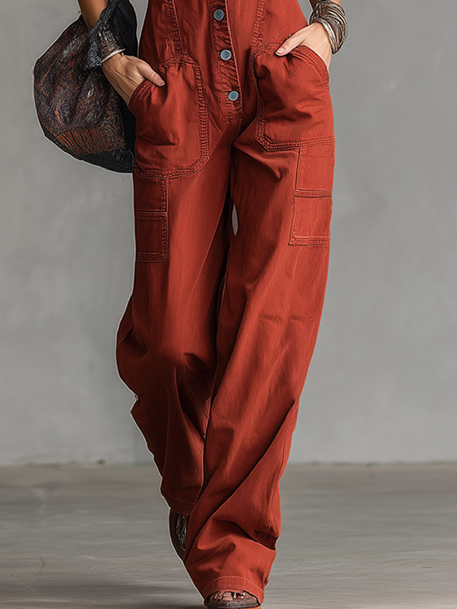 Retro-Chic Rust-Red Collared Denim Jumpsuit - By Qivii