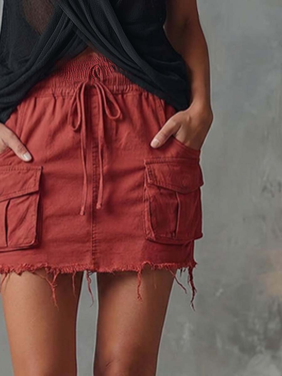 Retro Casual Workwear Style Red Cotton Short Skirt - By Qivii
