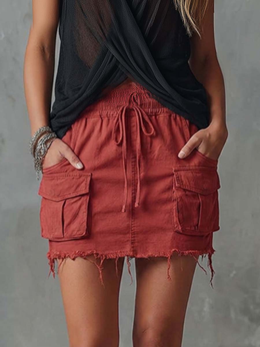 Retro Casual Workwear Style Red Cotton Short Skirt - By Qivii