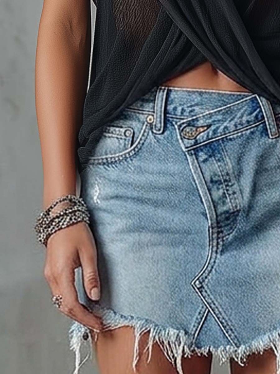 Vintage Versatile Blue Distressed Denim Asymmetrical Mini Skirt - By Qivii