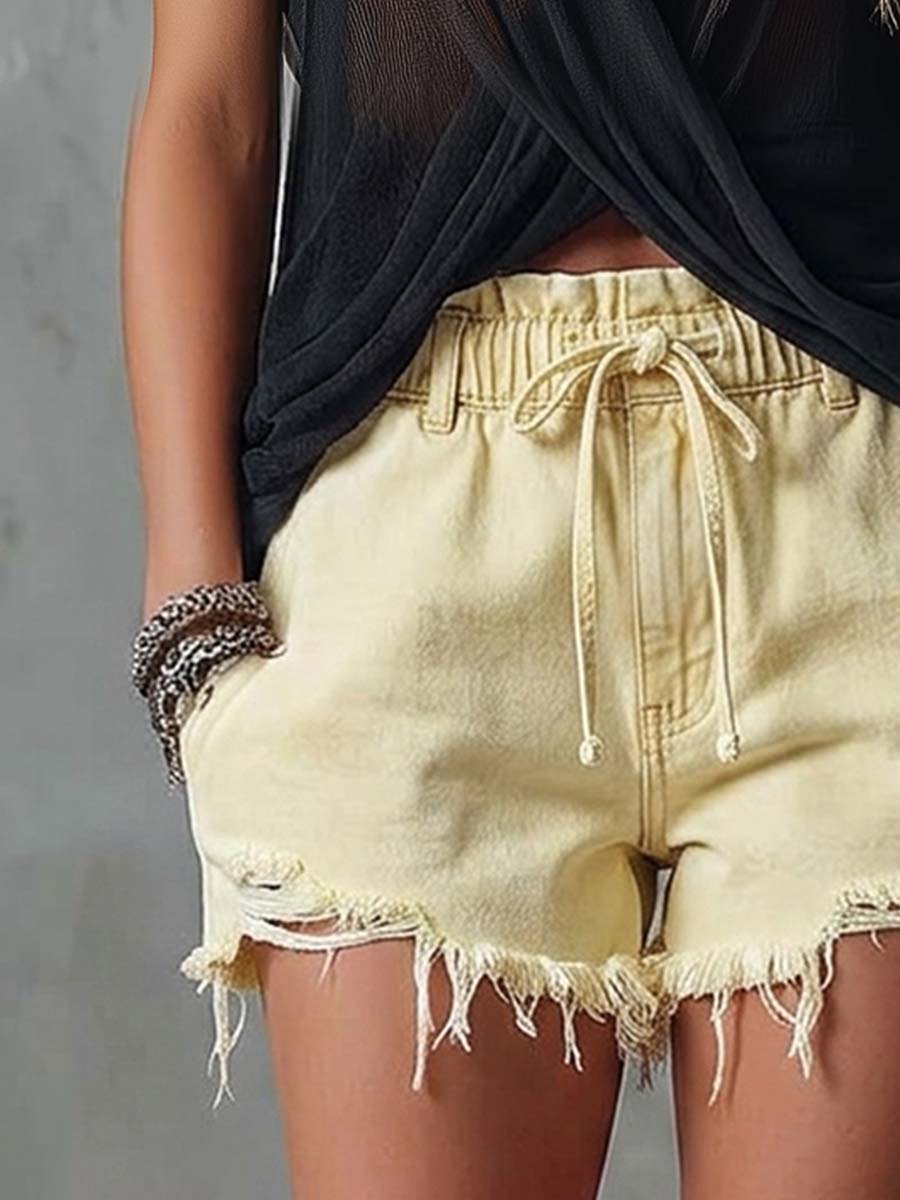 Casual & Versatile Light Yellow Distressed Denim Hot Pants - By Qivii