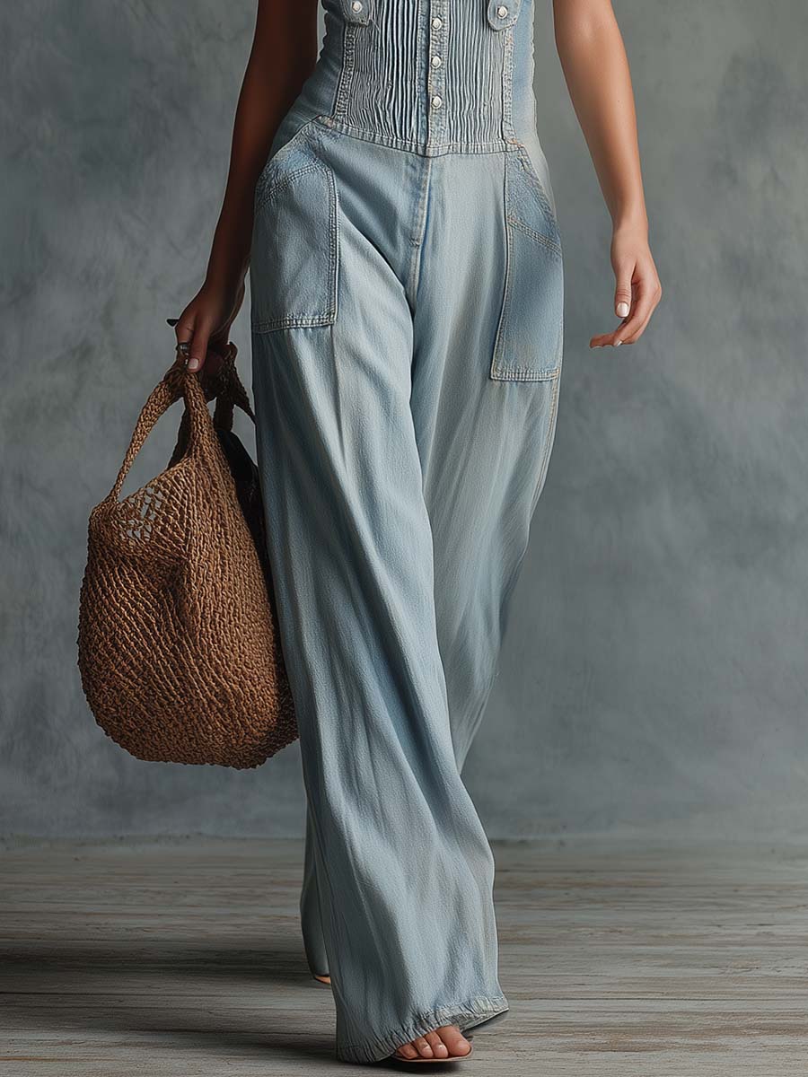 Retro Personality Light Blue Distressed Denim Overalls Jumpsuit - By Qivii