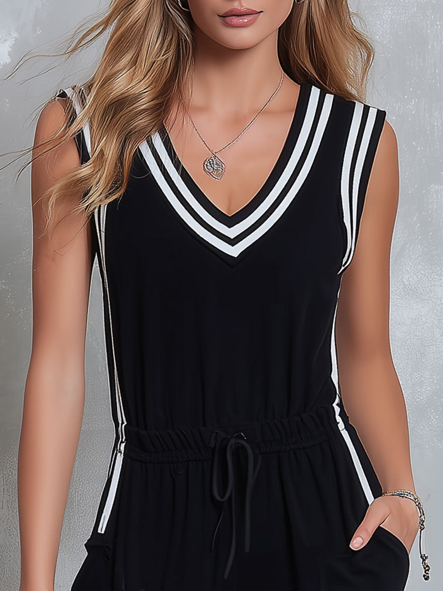 Retro Casual Sporty Color-blocked Black Sleeveless V-neck Cotton Jumpsuit - By Qivii