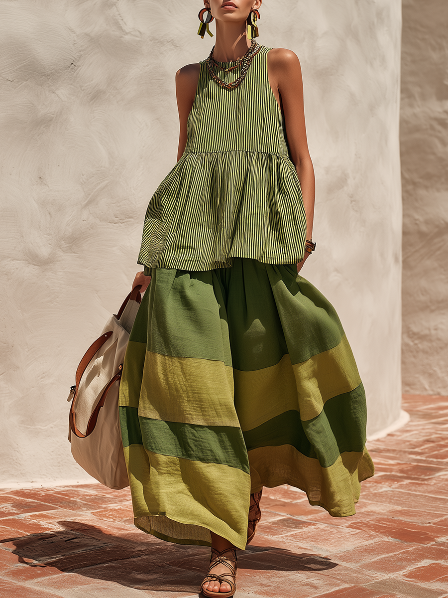 Retro-chic Striped Top And Color-blocked Wide-leg Pants - By Qivii