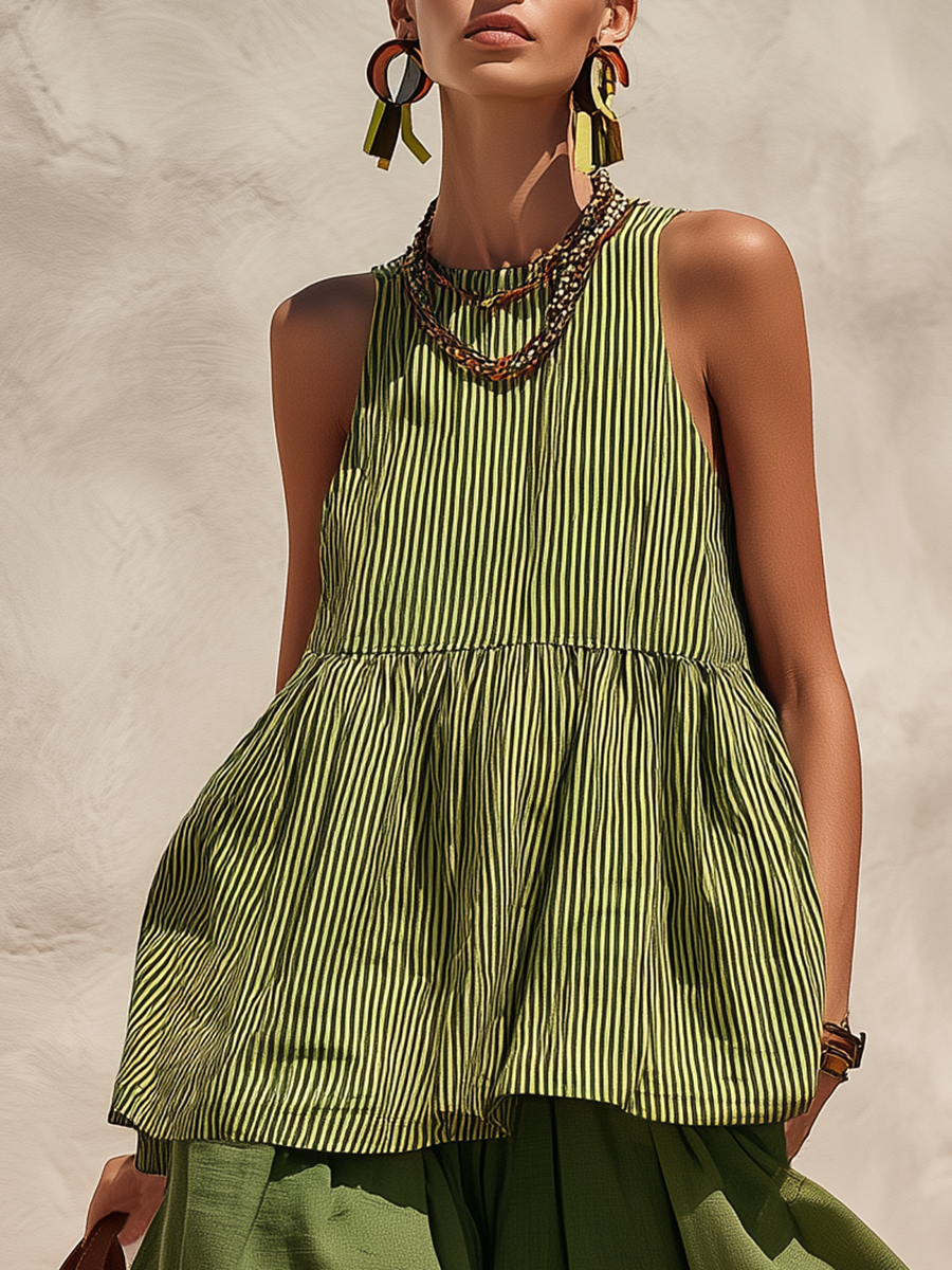 Retro-chic Striped Top And Color-blocked Wide-leg Pants - By Qivii