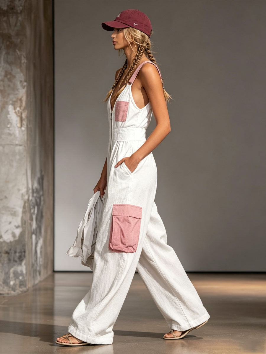 Color-blocked Wide-strap Sleeveless Multi-pocket Jumpsuit - By Qivii