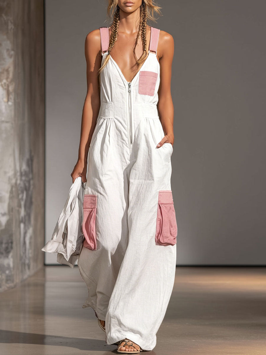 Color-blocked Wide-strap Sleeveless Multi-pocket Jumpsuit - By Qivii