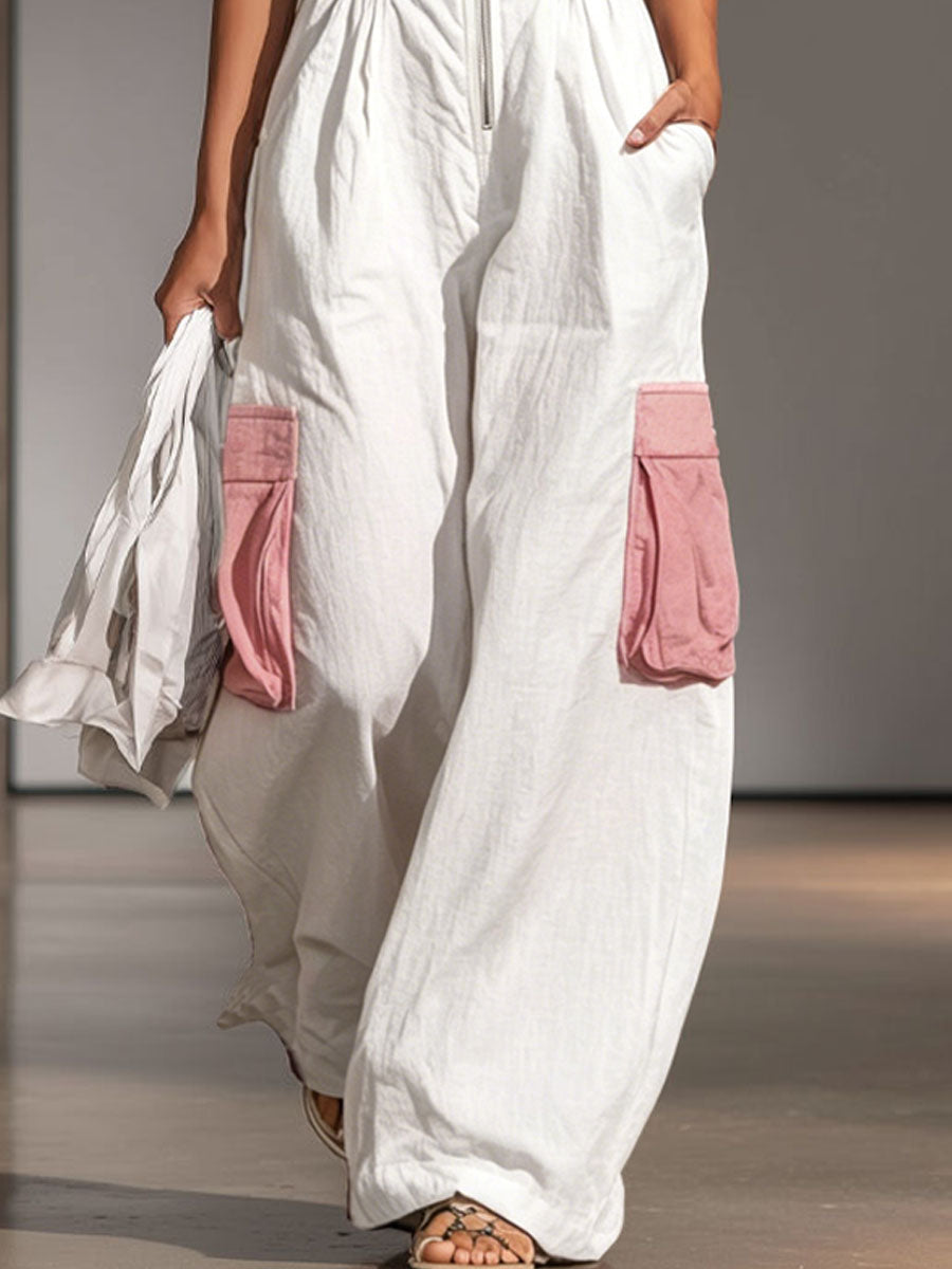 Color-blocked Wide-strap Sleeveless Multi-pocket Jumpsuit - By Qivii