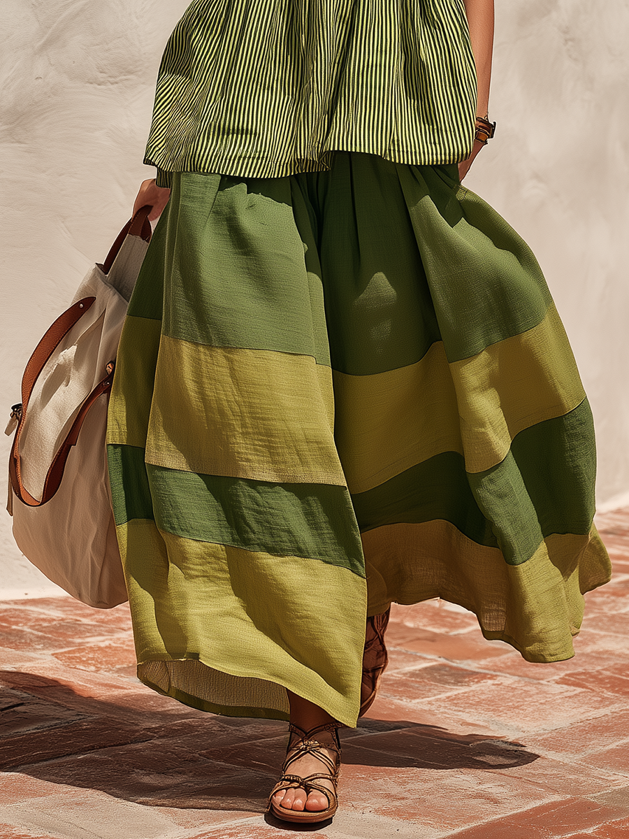 Retro-style Vacation Color-blocked Cotton And Linen Wide-leg Pants - By Qivii