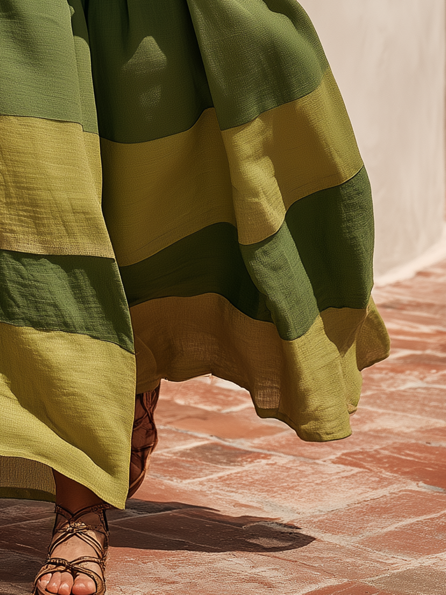 Retro-style Vacation Color-blocked Cotton And Linen Wide-leg Pants - By Qivii