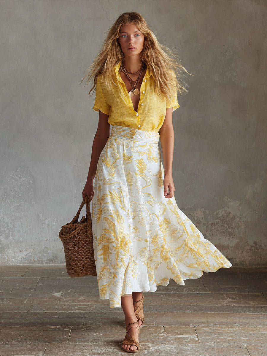 Elegant Summer Vacation Outfit Yellow Cotton-Linen T-Shirt & Moon-Print Chiffon Skirt Set - By Qivii