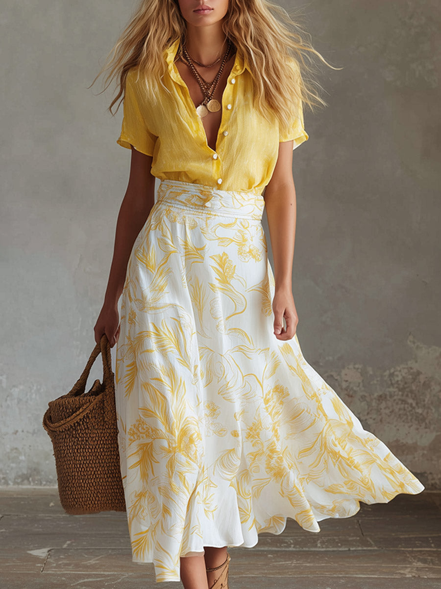 Elegant Summer Vacation Outfit Yellow Cotton-Linen T-Shirt & Moon-Print Chiffon Skirt Set - By Qivii
